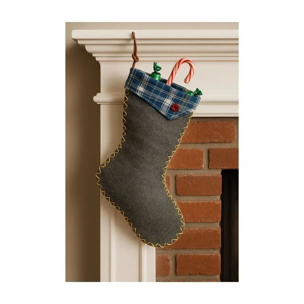 Vintage handmade grey wool Christmas stocking.